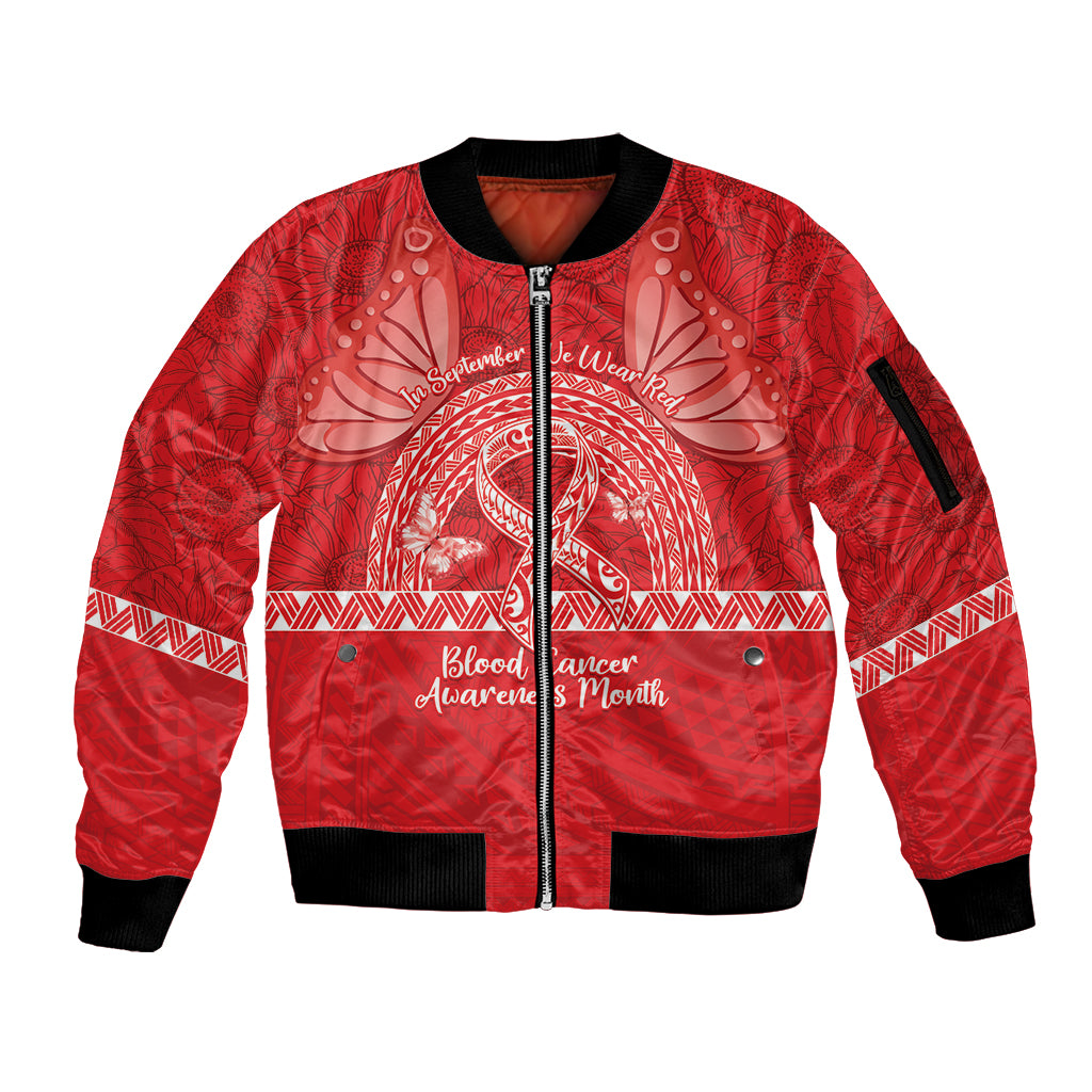 Personalised In September We Wear Red Sleeve Zip Bomber Jacket Polynesia Blood Cancer Awareness