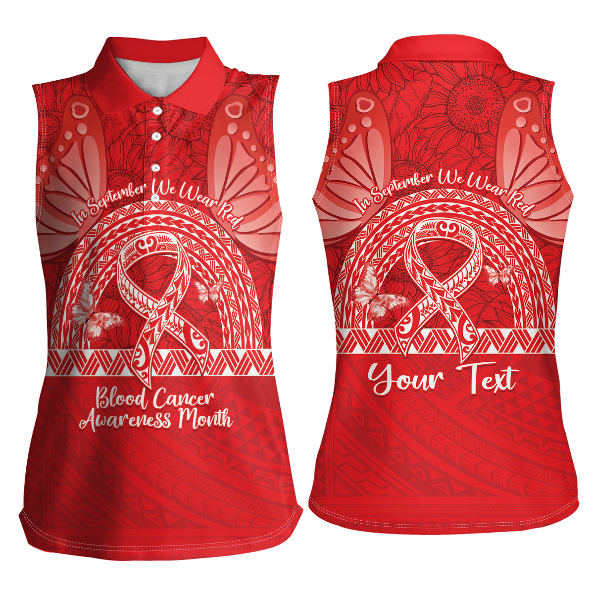 Personalised In September We Wear Red Women Sleeveless Polo Shirt Polynesia Blood Cancer Awareness