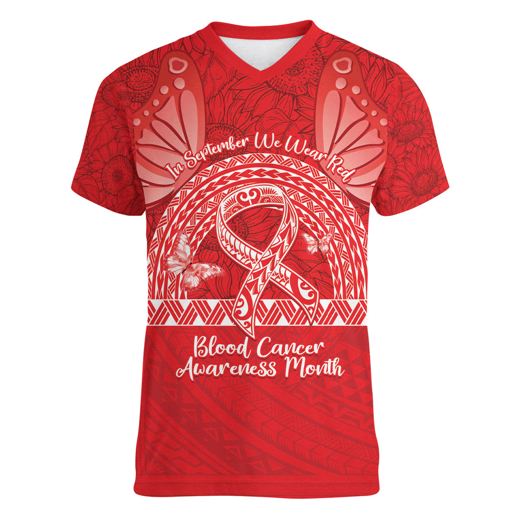 Personalised In September We Wear Red Women V-Neck T-Shirt Polynesia Blood Cancer Awareness