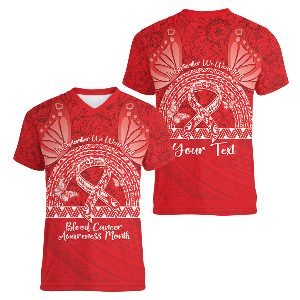 Personalised In September We Wear Red Women V-Neck T-Shirt Polynesia Blood Cancer Awareness