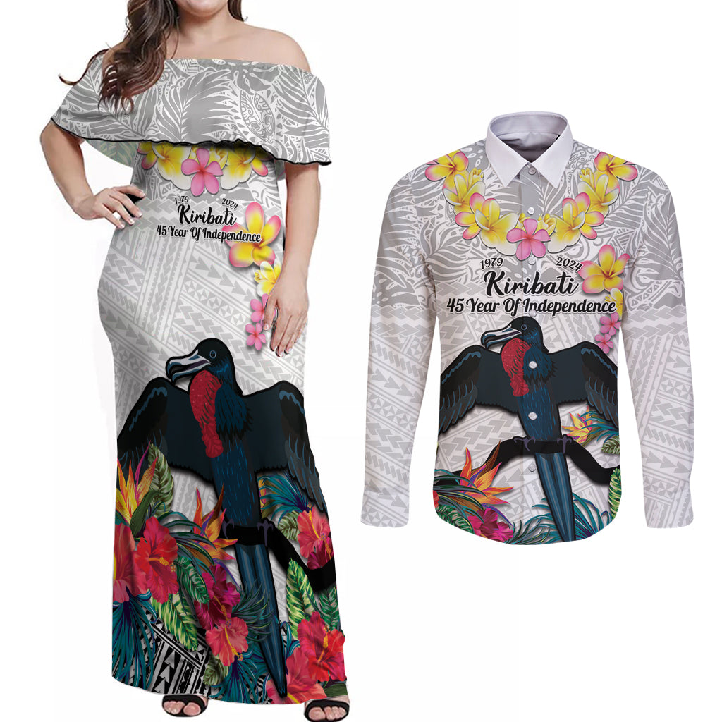 Kiribati Independence Day Couples Matching Off Shoulder Maxi Dress and Long Sleeve Button Shirt Frigatebird Mix Tropical Flowers - White Style LT14 White - Polynesian Pride