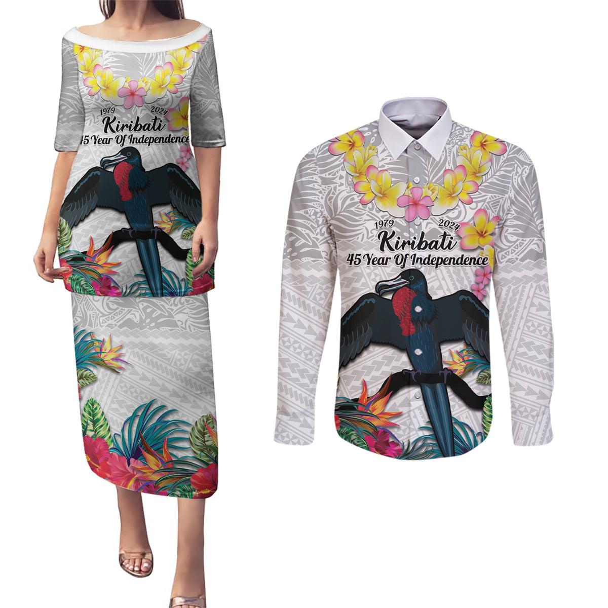 Kiribati Independence Day Couples Matching Puletasi and Long Sleeve Button Shirt Frigatebird Mix Tropical Flowers - White Style LT14 White - Polynesian Pride