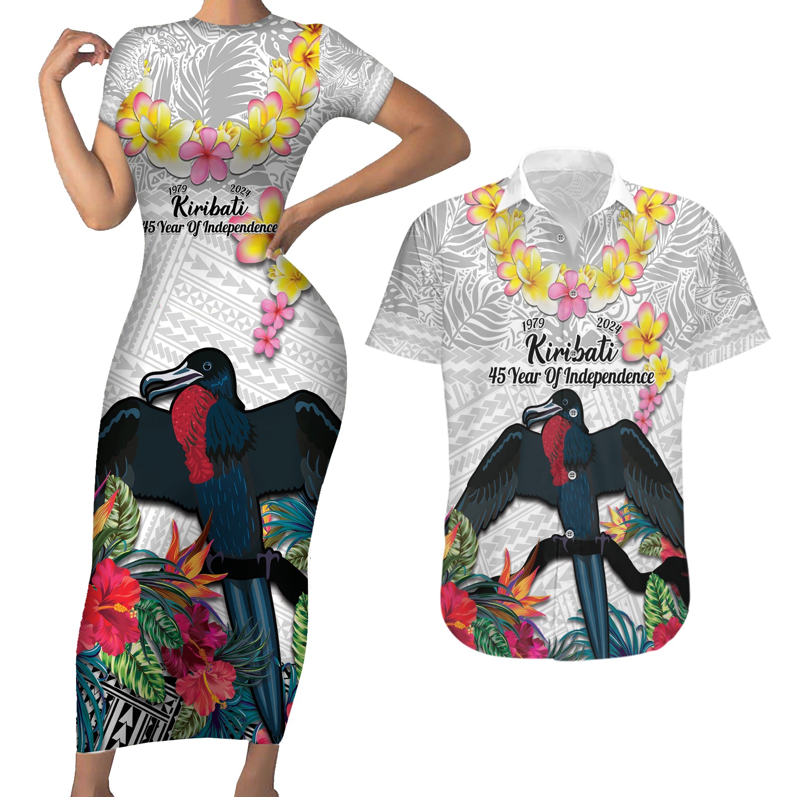 Kiribati Independence Day Couples Matching Short Sleeve Bodycon Dress and Hawaiian Shirt Frigatebird Mix Tropical Flowers - White Style