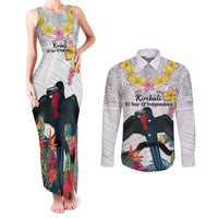 Kiribati Independence Day Couples Matching Tank Maxi Dress and Long Sleeve Button Shirt Frigatebird Mix Tropical Flowers - White Style LT14 White - Polynesian Pride