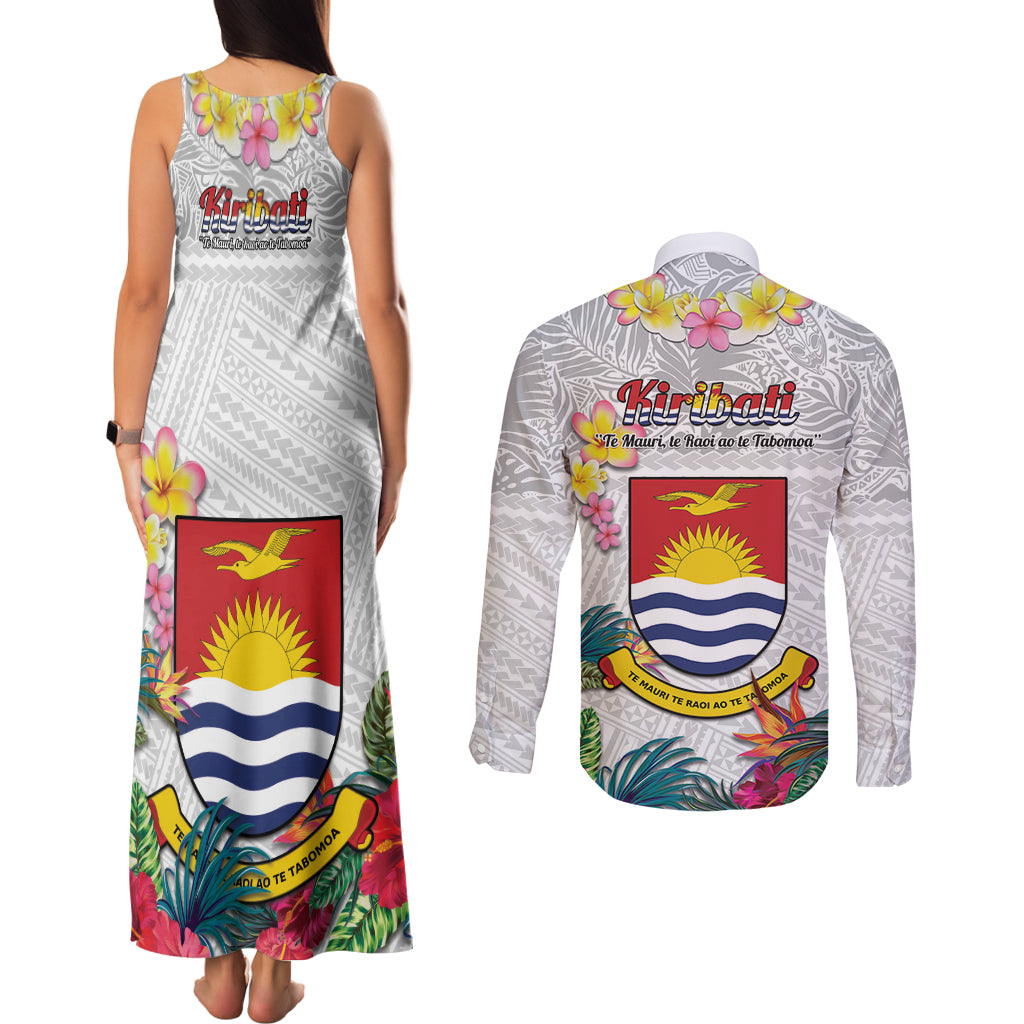 Kiribati Independence Day Couples Matching Tank Maxi Dress and Long Sleeve Button Shirt Frigatebird Mix Tropical Flowers - White Style LT14 - Polynesian Pride