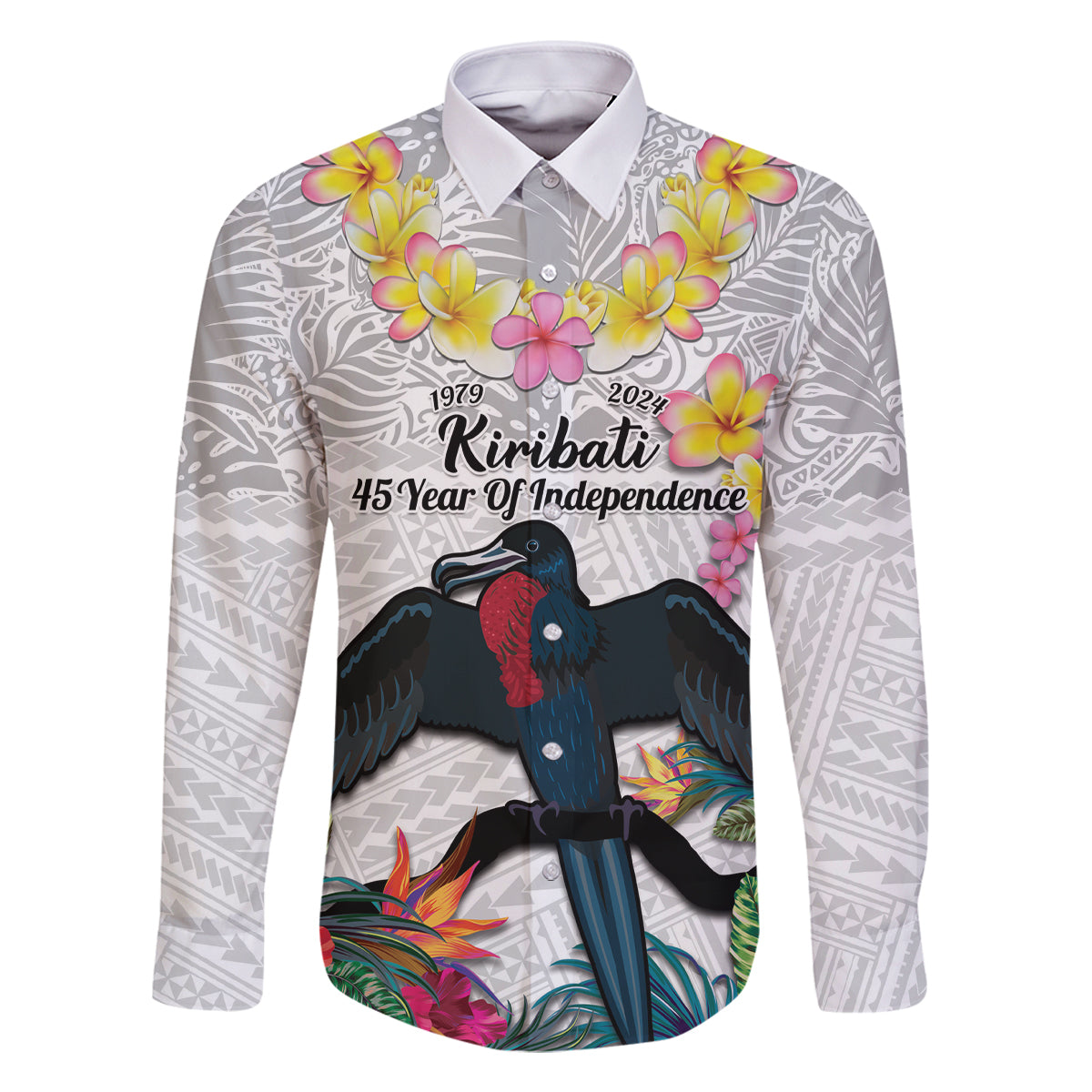 Kiribati Independence Day Family Matching Long Sleeve Bodycon Dress and Hawaiian Shirt Frigatebird Mix Tropical Flowers - White Style