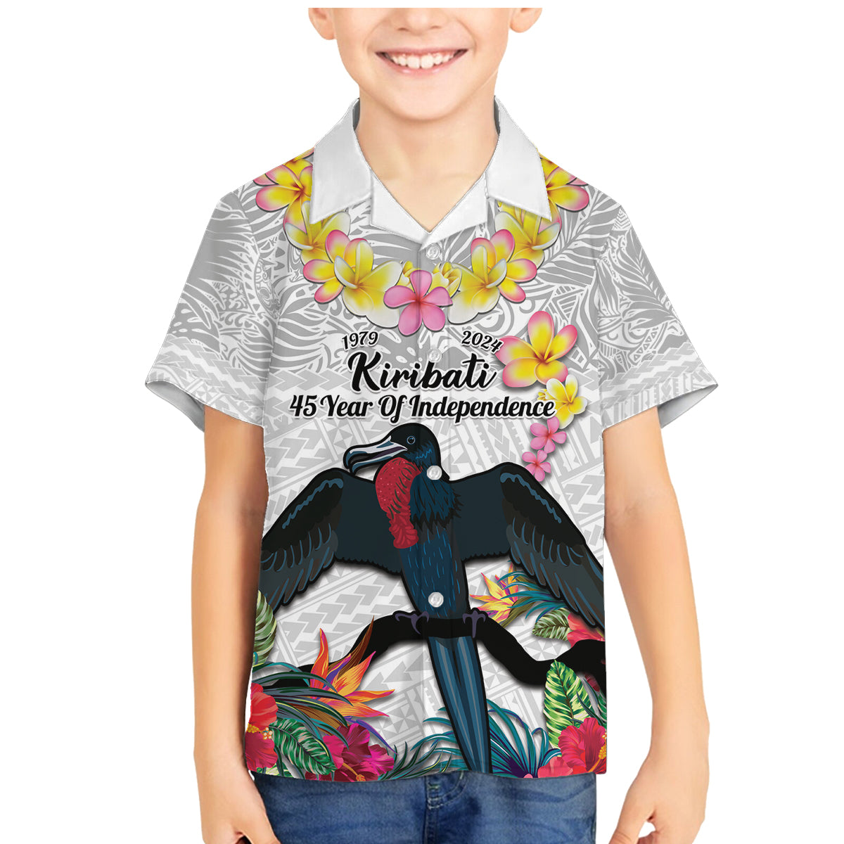Kiribati Independence Day Family Matching Mermaid Dress and Hawaiian Shirt Frigatebird Mix Tropical Flowers - White Style