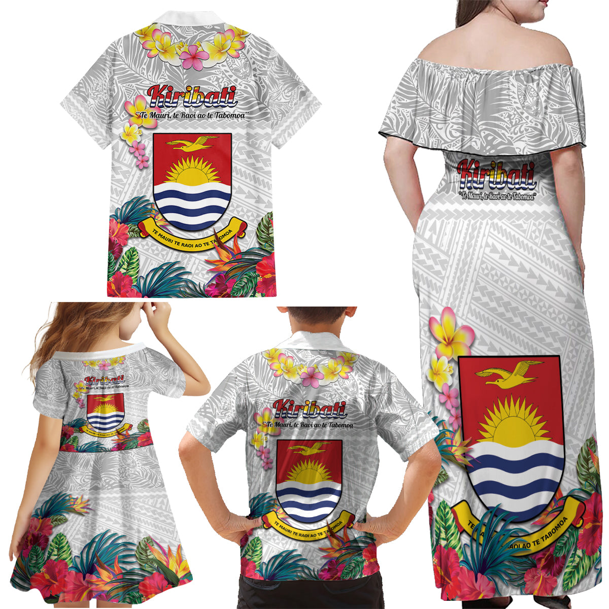 Kiribati Independence Day Family Matching Off Shoulder Maxi Dress and Hawaiian Shirt Frigatebird Mix Tropical Flowers - White Style