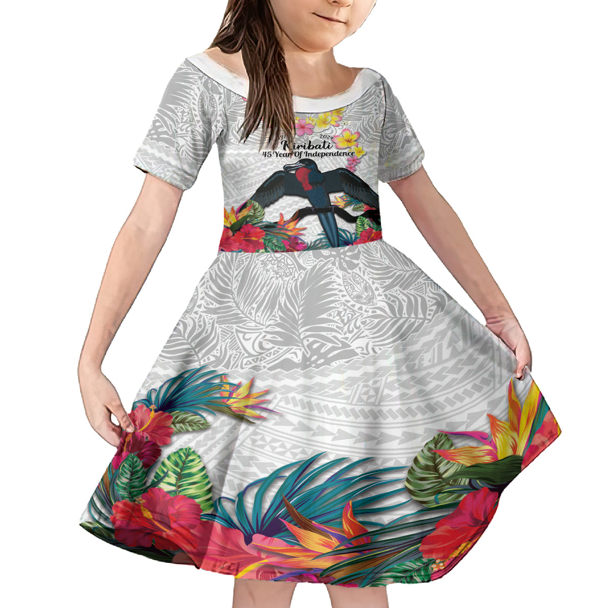 Kiribati Independence Day Kid Short Sleeve Dress Frigatebird Mix Tropical Flowers - White Style LT14 KID White - Polynesian Pride