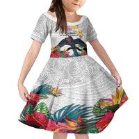 Kiribati Independence Day Kid Short Sleeve Dress Frigatebird Mix Tropical Flowers - White Style LT14 KID White - Polynesian Pride