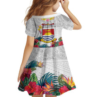 Kiribati Independence Day Kid Short Sleeve Dress Frigatebird Mix Tropical Flowers - White Style LT14 - Polynesian Pride