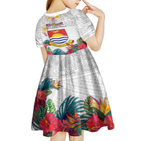 Kiribati Independence Day Kid Short Sleeve Dress Frigatebird Mix Tropical Flowers - White Style LT14 - Polynesian Pride