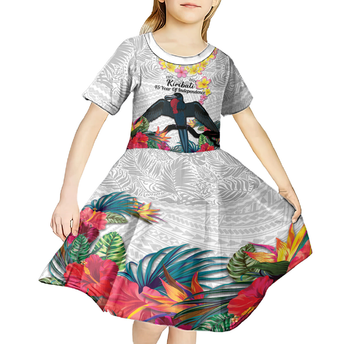 Kiribati Independence Day Kid Short Sleeve Dress Frigatebird Mix Tropical Flowers - White Style LT14 - Polynesian Pride