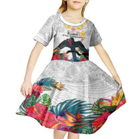 Kiribati Independence Day Kid Short Sleeve Dress Frigatebird Mix Tropical Flowers - White Style LT14 - Polynesian Pride