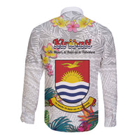 Kiribati Independence Day Long Sleeve Button Shirt Frigatebird Mix Tropical Flowers - White Style
