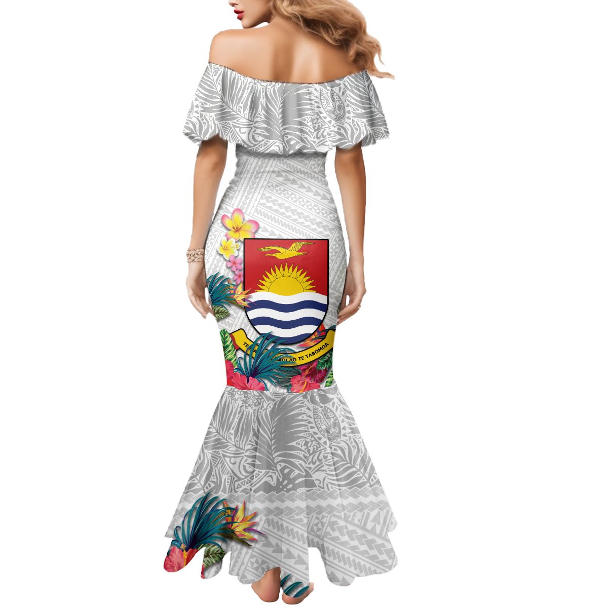 Kiribati Independence Day Mermaid Dress Frigatebird Mix Tropical Flowers - White Style LT14 - Polynesian Pride