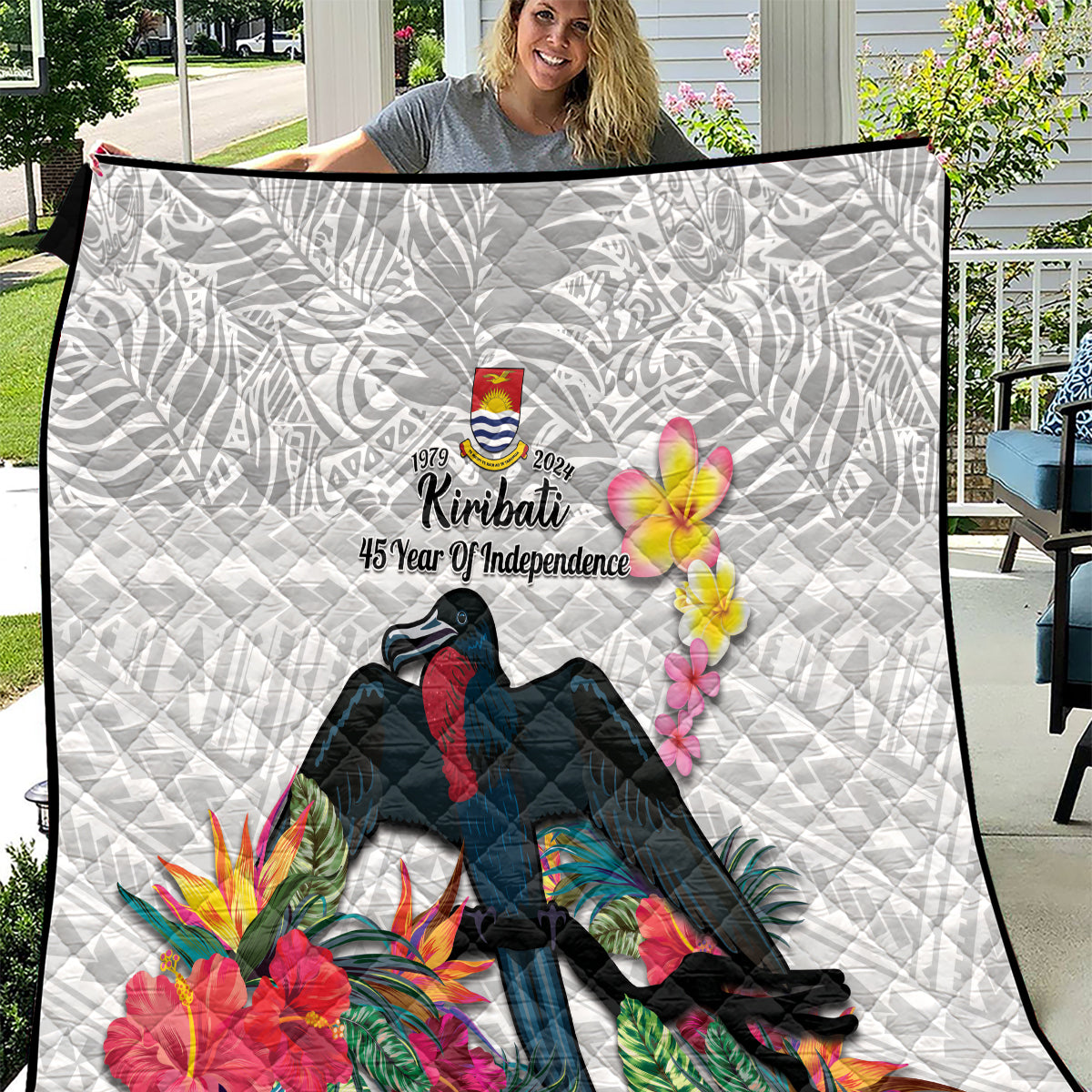 Kiribati Independence Day Quilt Frigatebird Mix Tropical Flowers - White Style LT14 White - Polynesian Pride