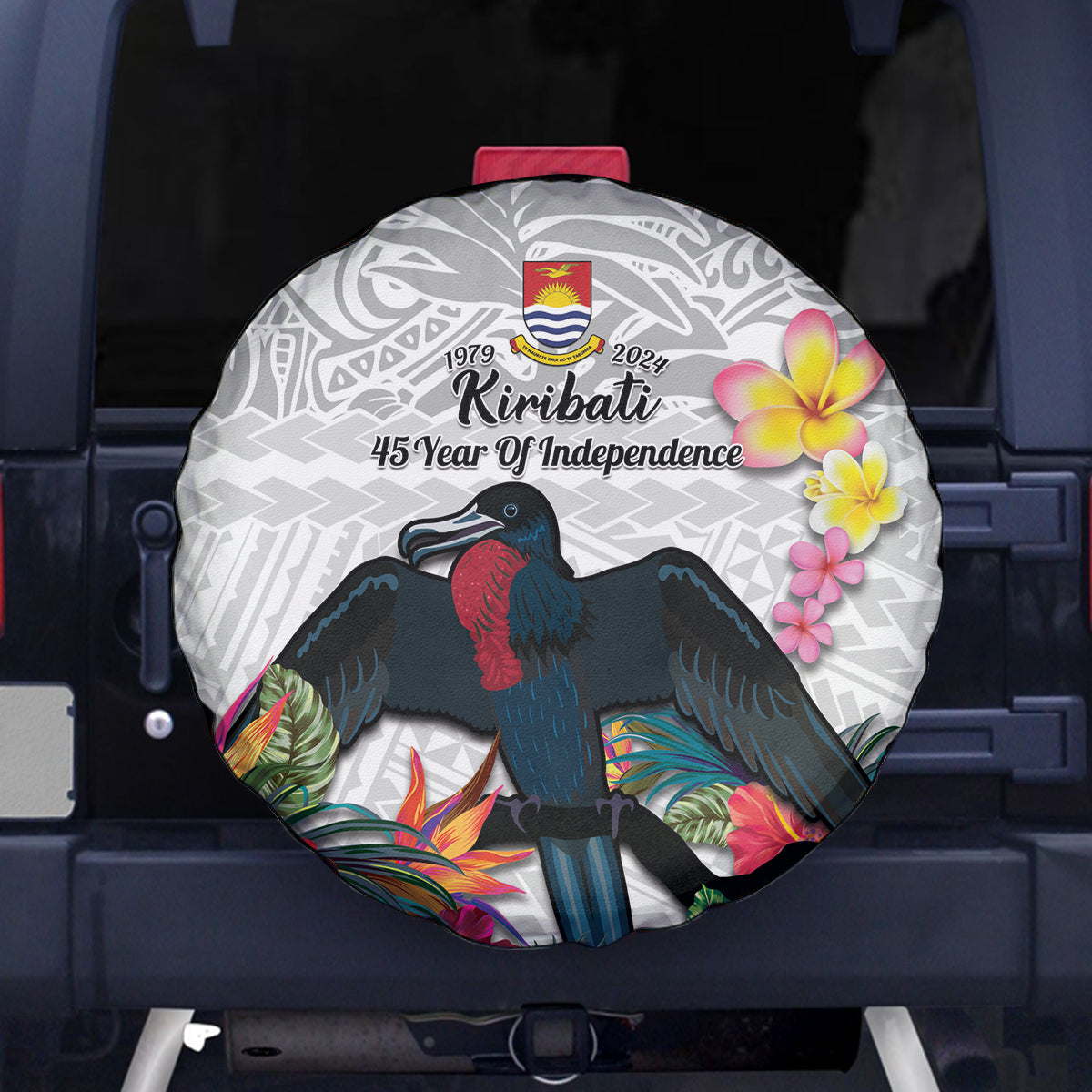 Kiribati Independence Day Spare Tire Cover Frigatebird Mix Tropical Flowers - White Style