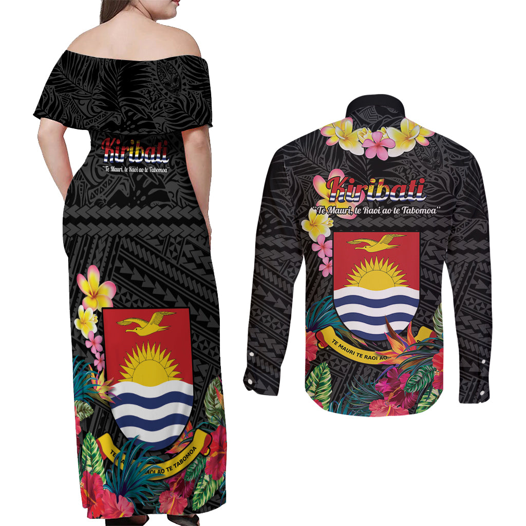 Kiribati Independence Day Couples Matching Off Shoulder Maxi Dress and Long Sleeve Button Shirt Frigatebird Mix Tropical Flowers - Black Style LT14 - Polynesian Pride