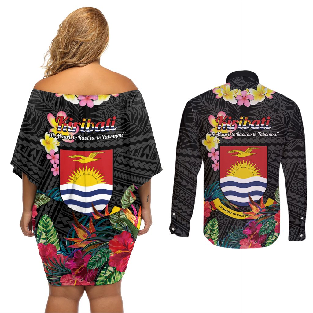 Kiribati Independence Day Couples Matching Off Shoulder Short Dress and Long Sleeve Button Shirt Frigatebird Mix Tropical Flowers - Black Style LT14 - Polynesian Pride