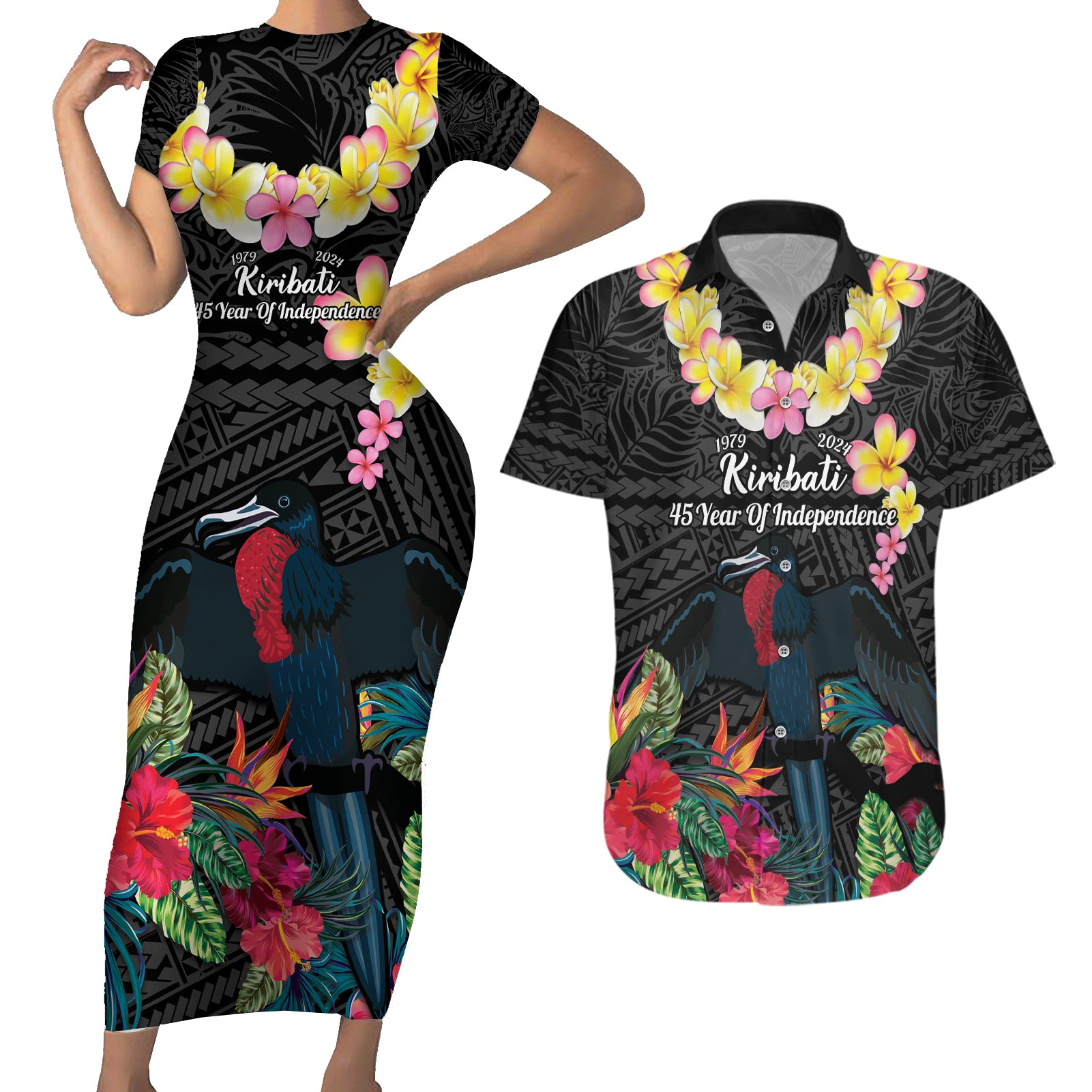 Kiribati Independence Day Couples Matching Short Sleeve Bodycon Dress and Hawaiian Shirt Frigatebird Mix Tropical Flowers - Black Style