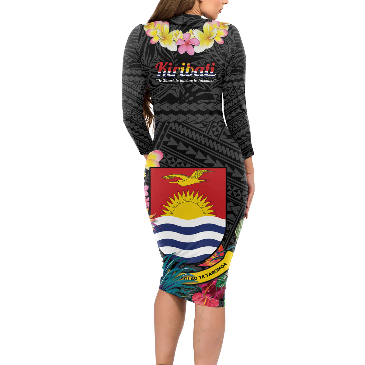 Kiribati Independence Day Long Sleeve Bodycon Dress Frigatebird Mix Tropical Flowers - Black Style LT14 - Polynesian Pride
