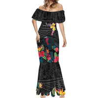 Kiribati Independence Day Mermaid Dress Frigatebird Mix Tropical Flowers - Black Style LT14 - Polynesian Pride