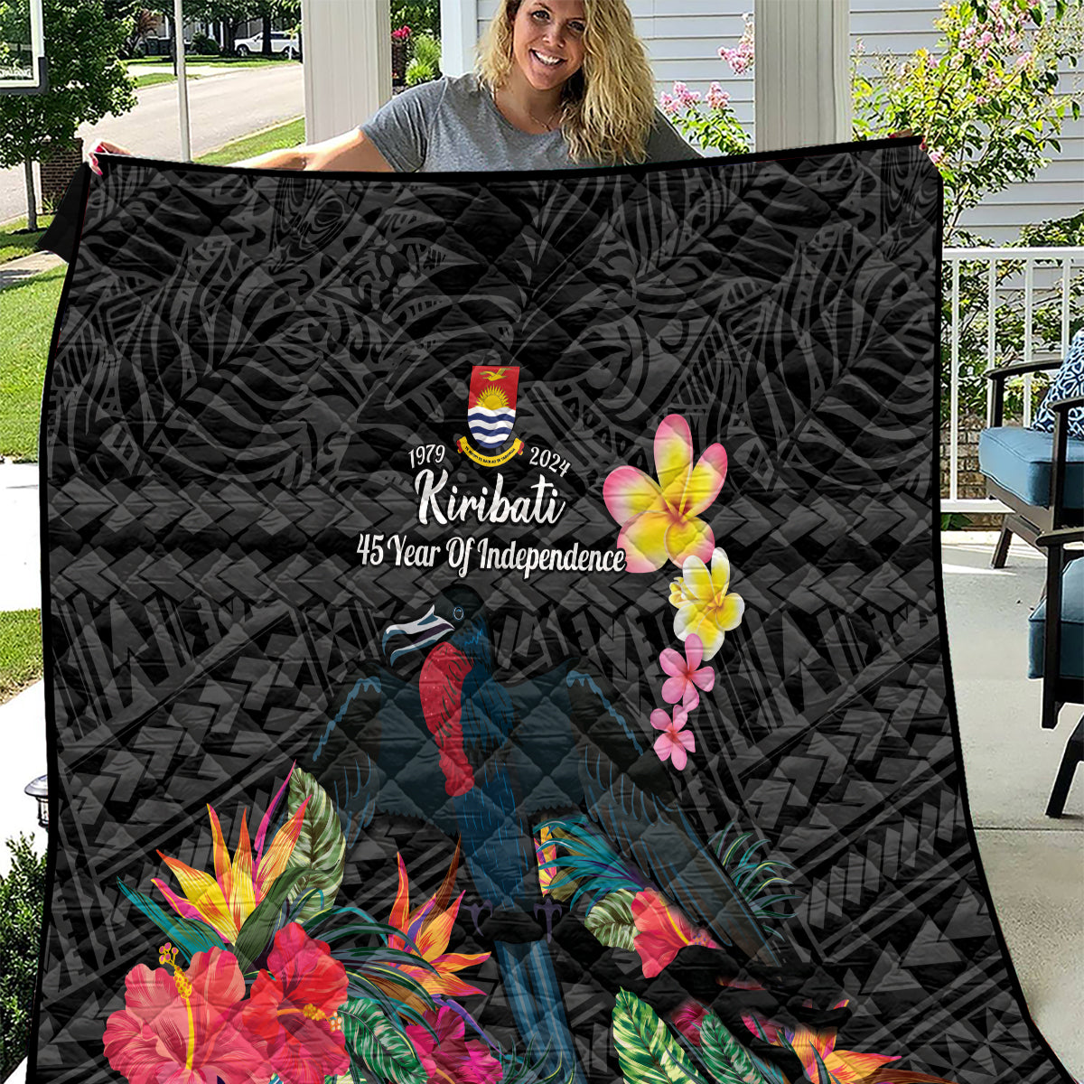 Kiribati Independence Day Quilt Frigatebird Mix Tropical Flowers - Black Style LT14 Black - Polynesian Pride