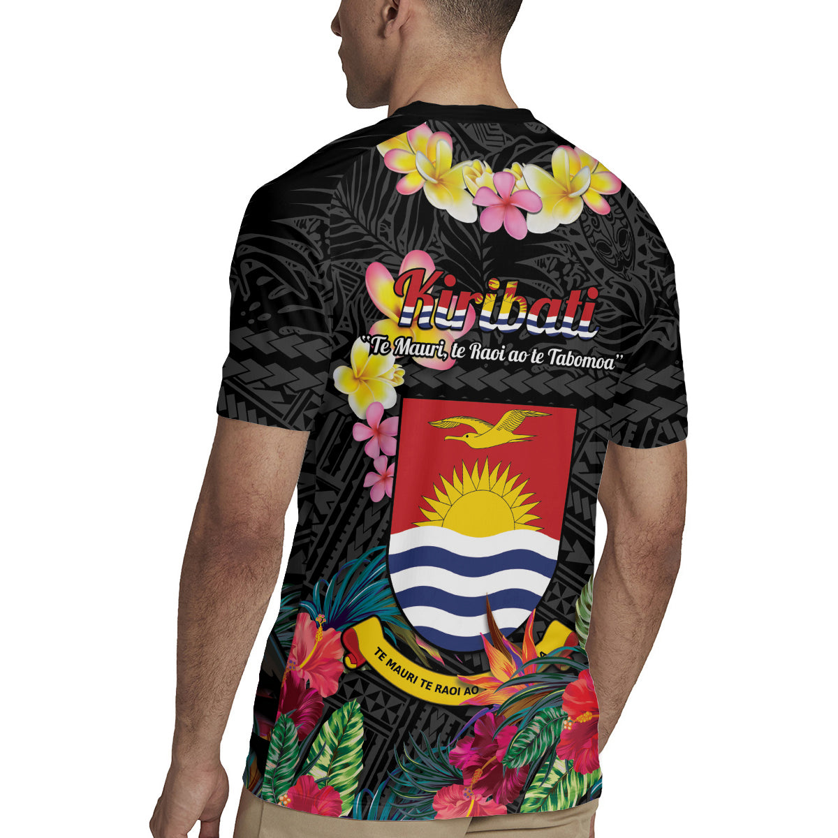 Kiribati Independence Day Rugby Jersey Frigatebird Mix Tropical Flowers - Black Style LT14 - Polynesian Pride