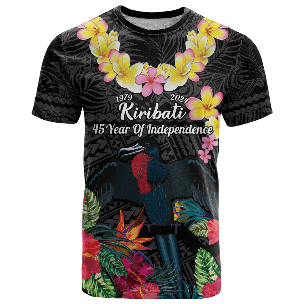 Kiribati Independence Day T Shirt Frigatebird Mix Tropical Flowers - Black Style LT14 Black - Polynesian Pride