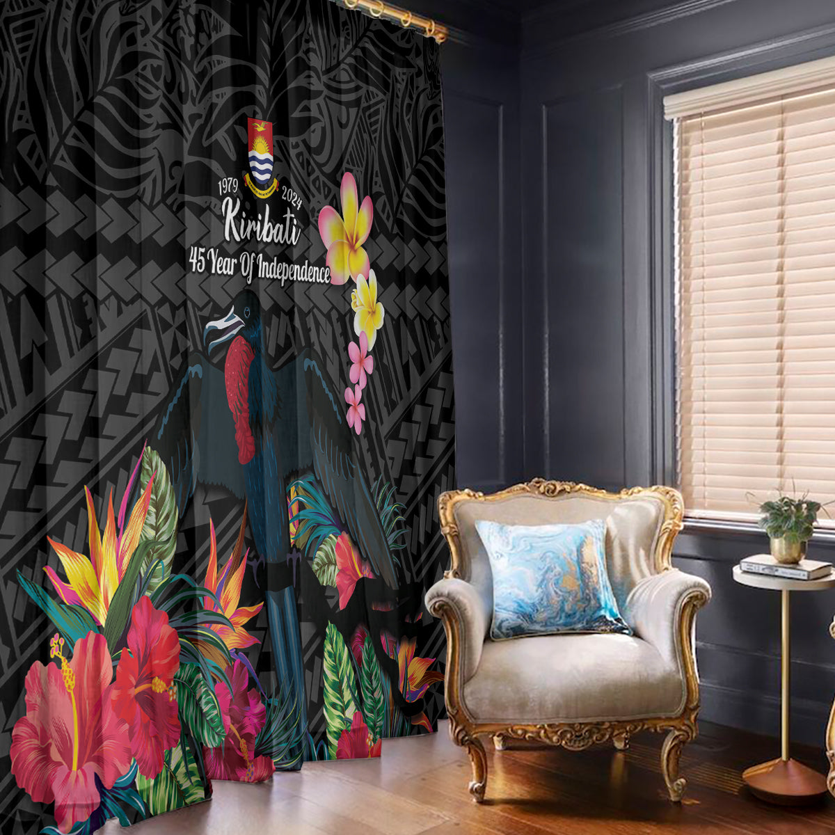 Kiribati Independence Day Window Curtain Frigatebird Mix Tropical Flowers - Black Style