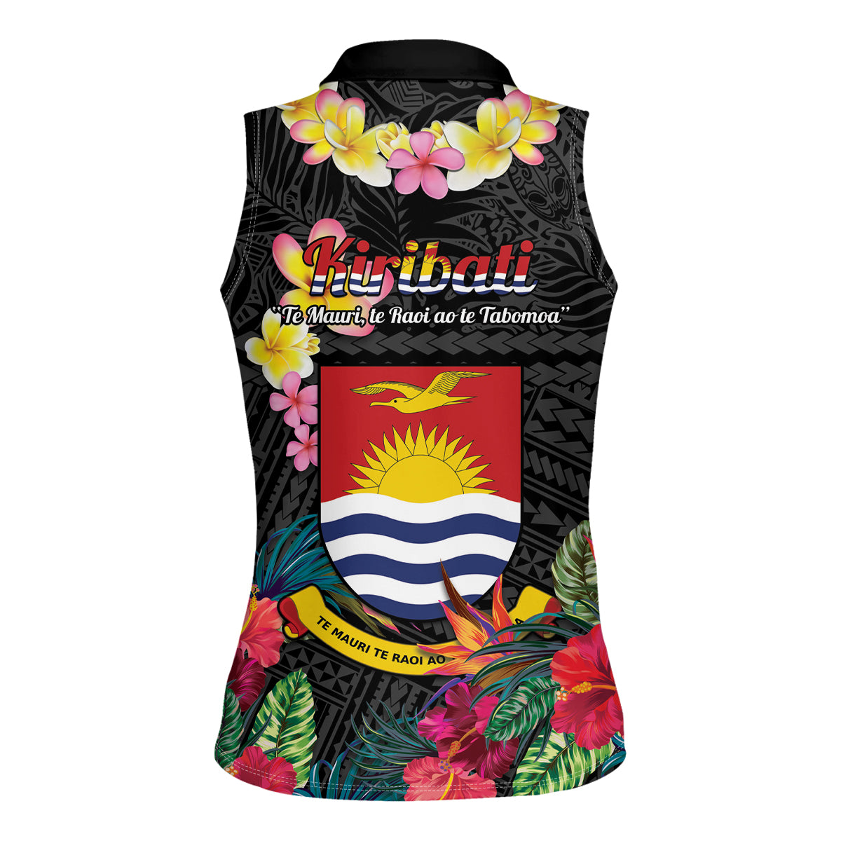 Kiribati Independence Day Women Sleeveless Polo Shirt Frigatebird Mix Tropical Flowers - Black Style LT14 - Polynesian Pride