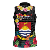 Kiribati Independence Day Women Sleeveless Polo Shirt Frigatebird Mix Tropical Flowers - Black Style LT14 - Polynesian Pride