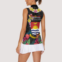 Kiribati Independence Day Women Sleeveless Polo Shirt Frigatebird Mix Tropical Flowers - Black Style LT14 - Polynesian Pride