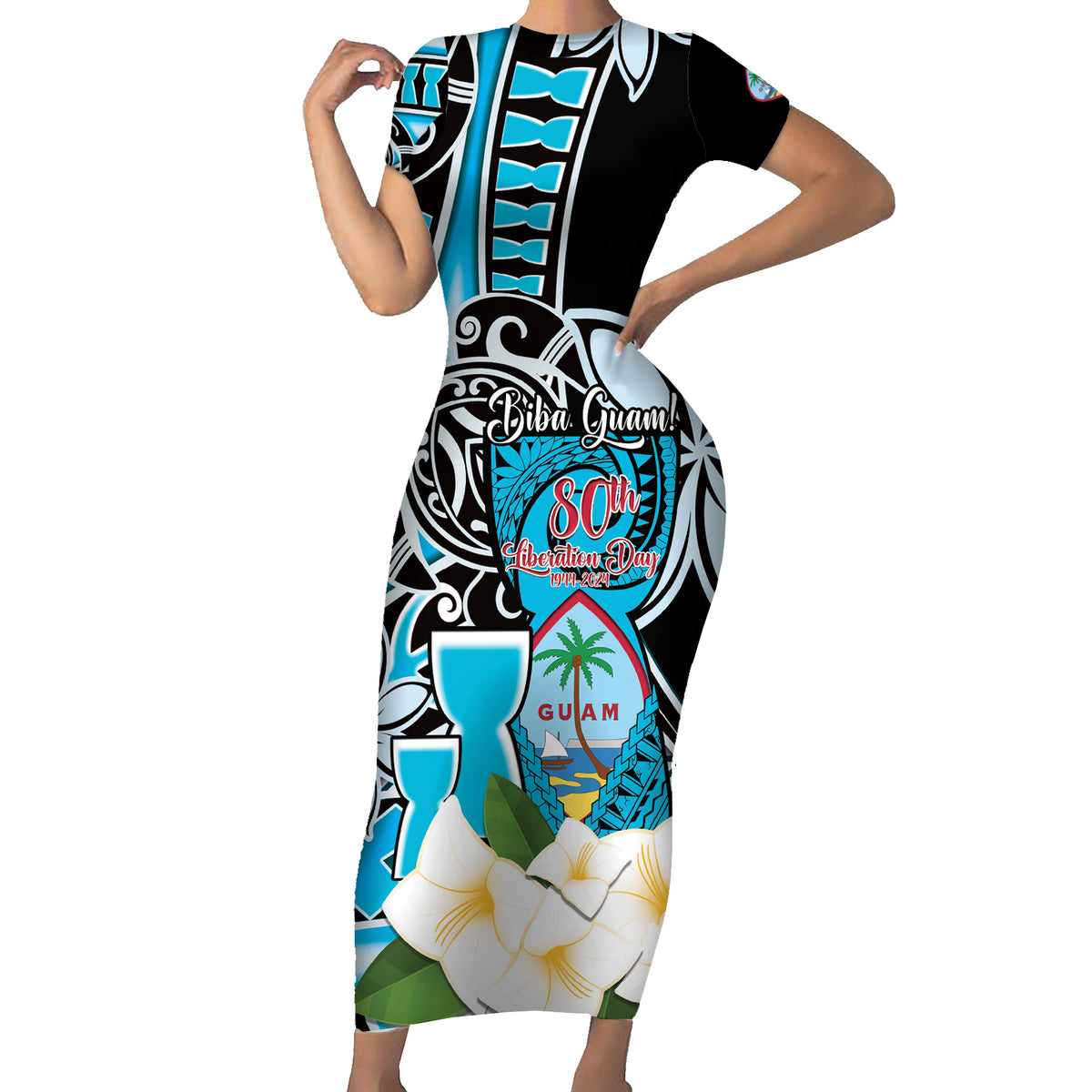 Personalised Guam Liberation Day Family Matching Short Sleeve Bodycon Dress and Hawaiian Shirt Chamorro Latte Stone With Guasali Flowers