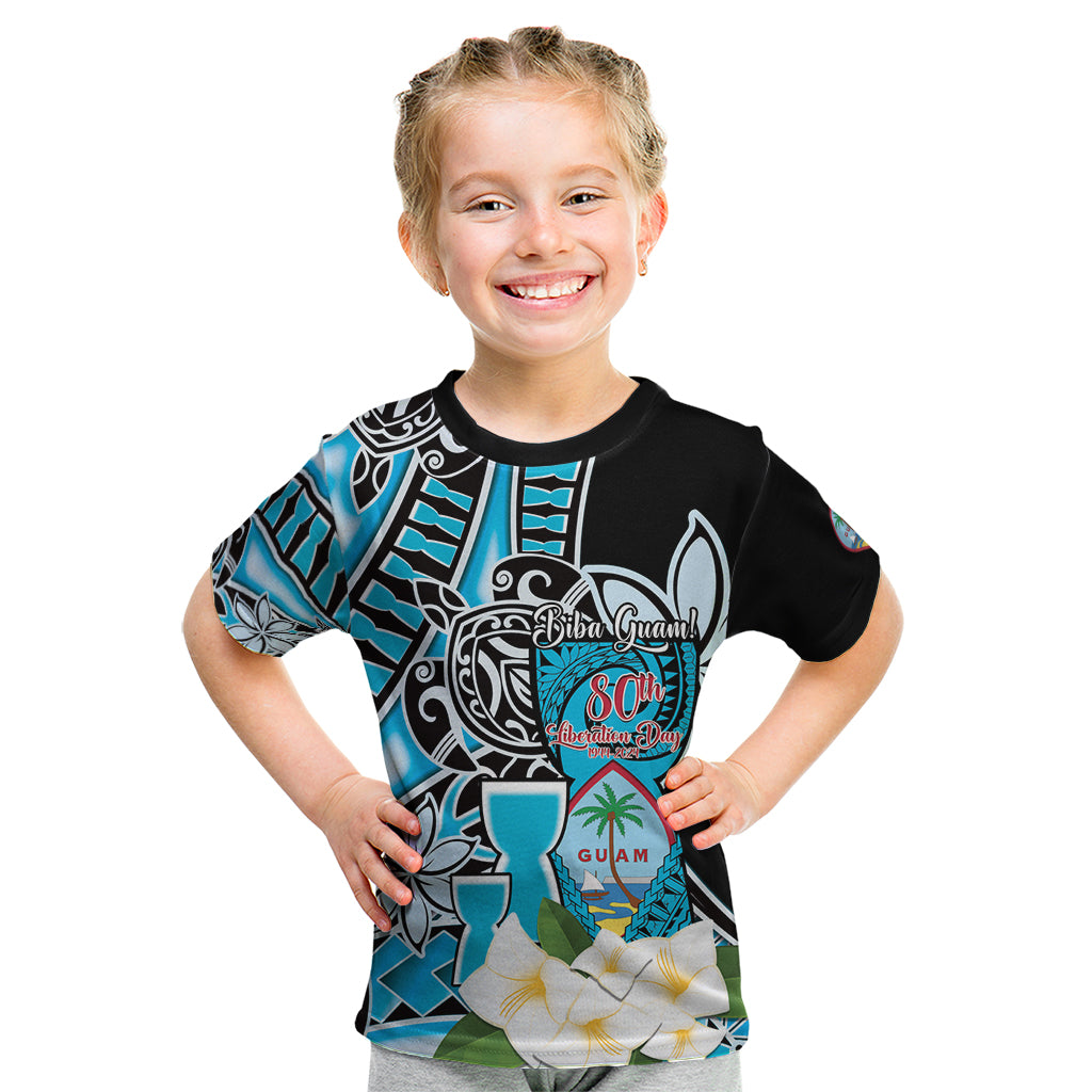 Personalised Guam Liberation Day Kid T Shirt 80th Anniversary Chamorro Latte Stone With Guasali Flowers LT14 Blue - Polynesian Pride