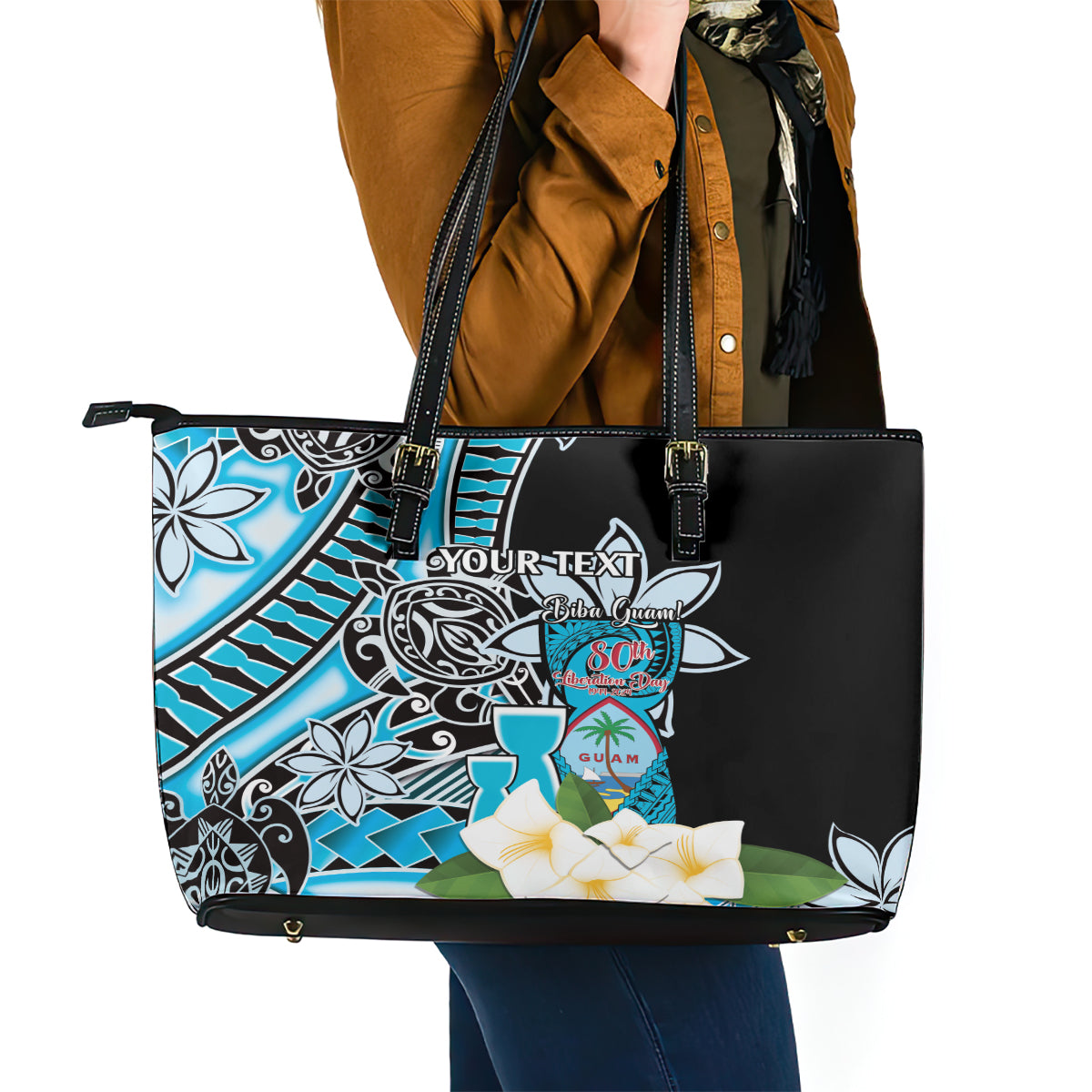 Personalised Guam Liberation Day Leather Tote Bag Chamorro Latte Stone With Guasali Flowers