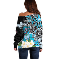 Personalised Guam Liberation Day Off Shoulder Sweater Chamorro Latte Stone With Guasali Flowers