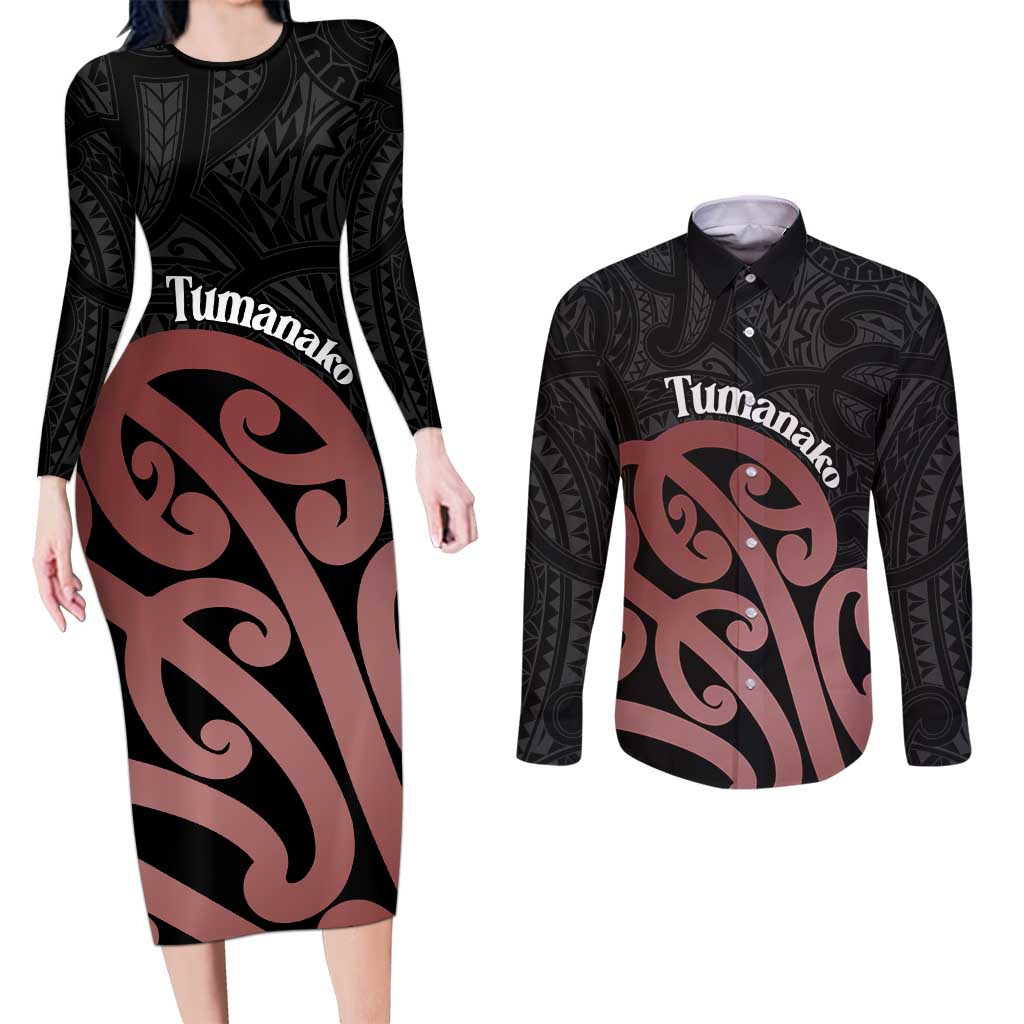 New Zealand Mangopare Tamanako Couples Matching Long Sleeve Bodycon Dress and Long Sleeve Button Shirt Aotearoa Maori LT14 Brown - Polynesian Pride
