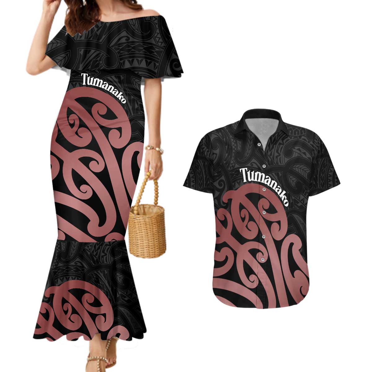 New Zealand Mangopare Tamanako Couples Matching Mermaid Dress and Hawaiian Shirt Aotearoa Maori LT14 Brown - Polynesian Pride