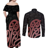 New Zealand Mangopare Tamanako Couples Matching Off Shoulder Maxi Dress and Long Sleeve Button Shirt Aotearoa Maori