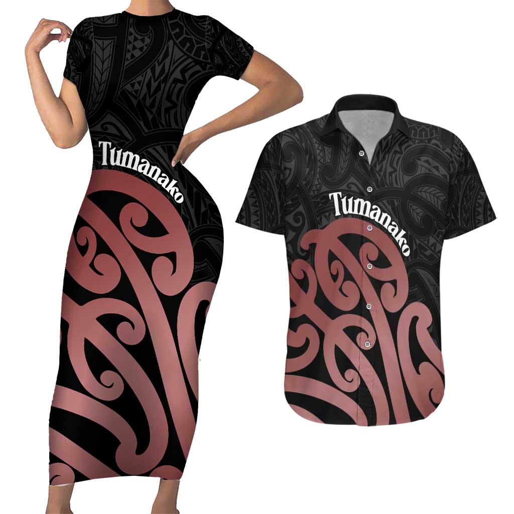 New Zealand Mangopare Tamanako Couples Matching Short Sleeve Bodycon Dress and Hawaiian Shirt Aotearoa Maori LT14 Brown - Polynesian Pride
