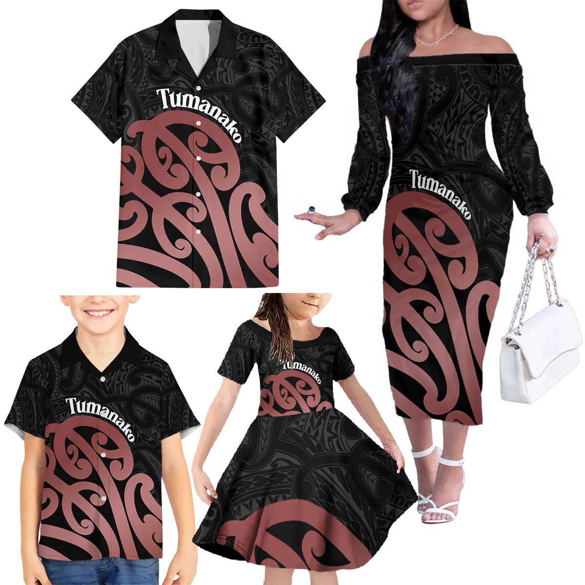 New Zealand Mangopare Tamanako Family Matching Off The Shoulder Long Sleeve Dress and Hawaiian Shirt Aotearoa Maori