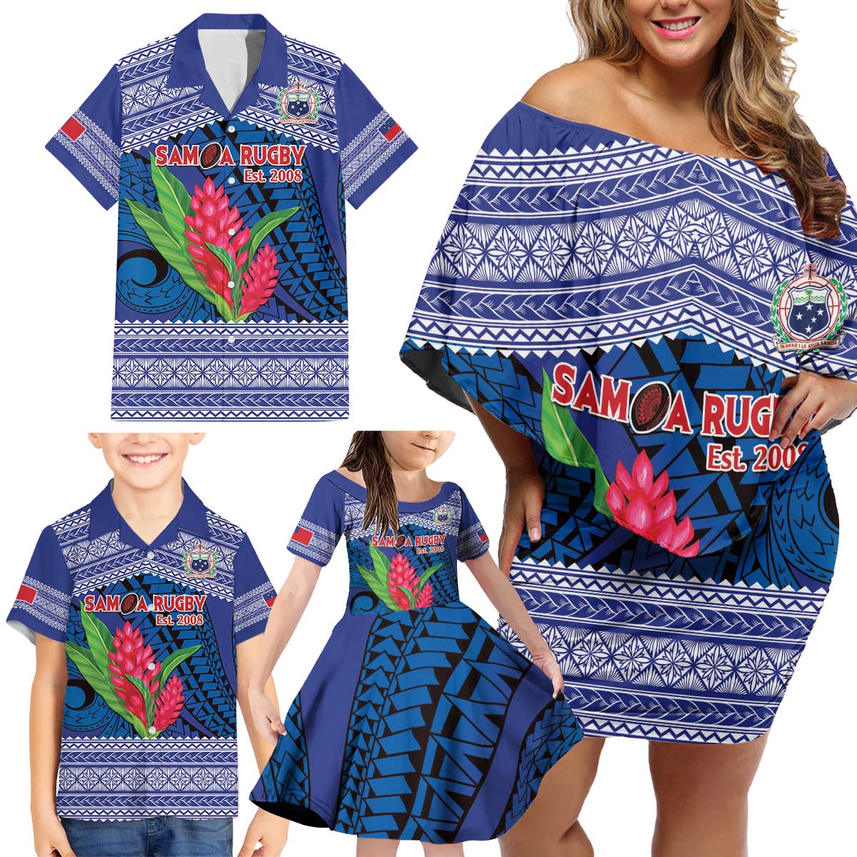 Custom Samoa Rugby Family Matching Off Shoulder Short Dress and Hawaiian Shirt 2024 Go Champions Samoan Gingers