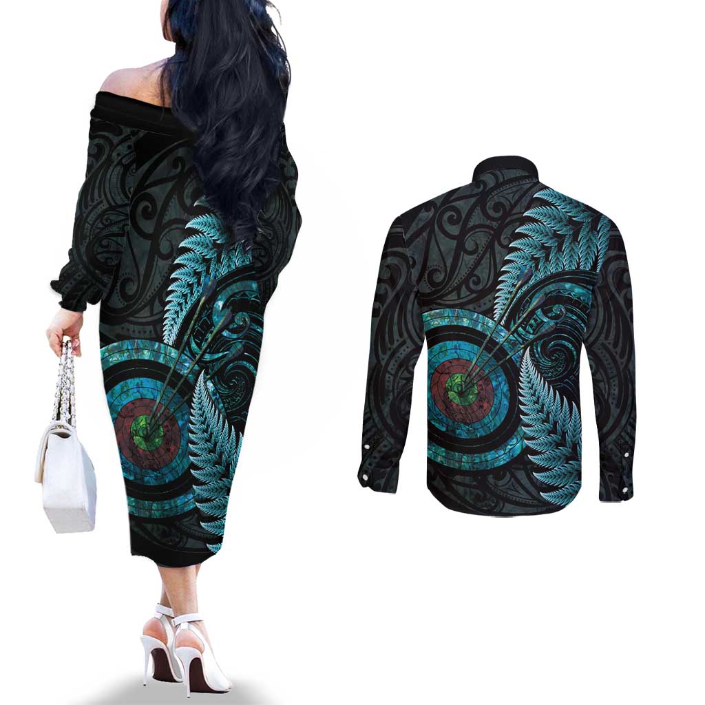 New Zealand Archery Couples Matching Off The Shoulder Long Sleeve Dress and Long Sleeve Button Shirt Aotearoa Silver Fern Maori - Polynesian Pride