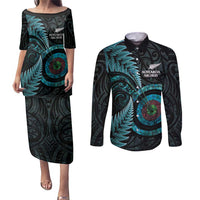 New Zealand Archery Couples Matching Puletasi and Long Sleeve Button Shirt Aotearoa Silver Fern Maori LT14 Turquoise - Polynesian Pride