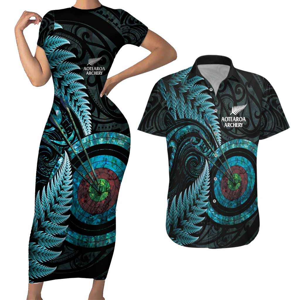 New Zealand Archery Couples Matching Short Sleeve Bodycon Dress and Hawaiian Shirt Aotearoa Silver Fern Maori LT14 Turquoise - Polynesian Pride