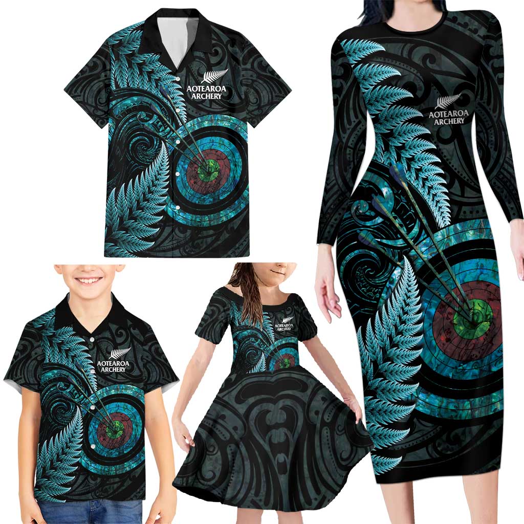 New Zealand Archery Family Matching Long Sleeve Bodycon Dress and Hawaiian Shirt Aotearoa Silver Fern Maori LT14 - Polynesian Pride