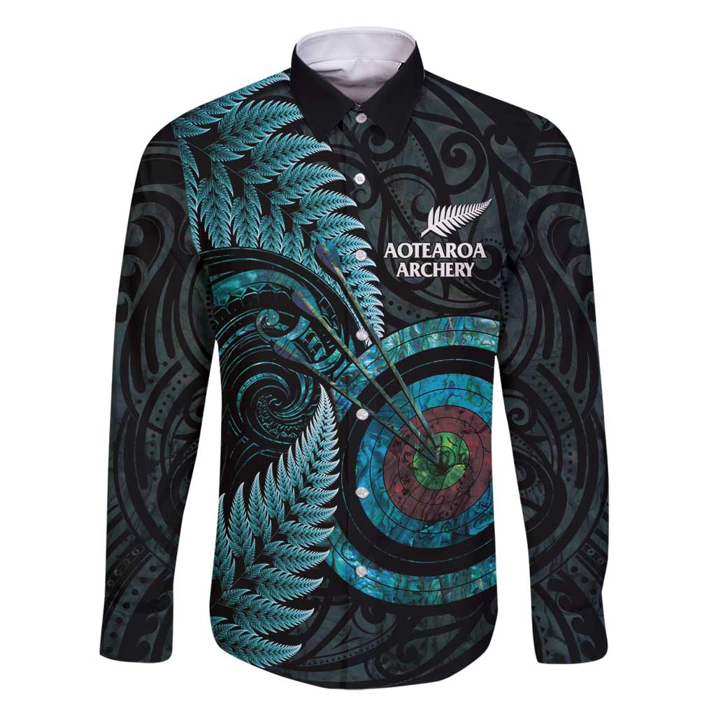New Zealand Archery Family Matching Long Sleeve Bodycon Dress and Hawaiian Shirt Aotearoa Silver Fern Maori LT14 Dad's Shirt - Long Sleeve Turquoise - Polynesian Pride