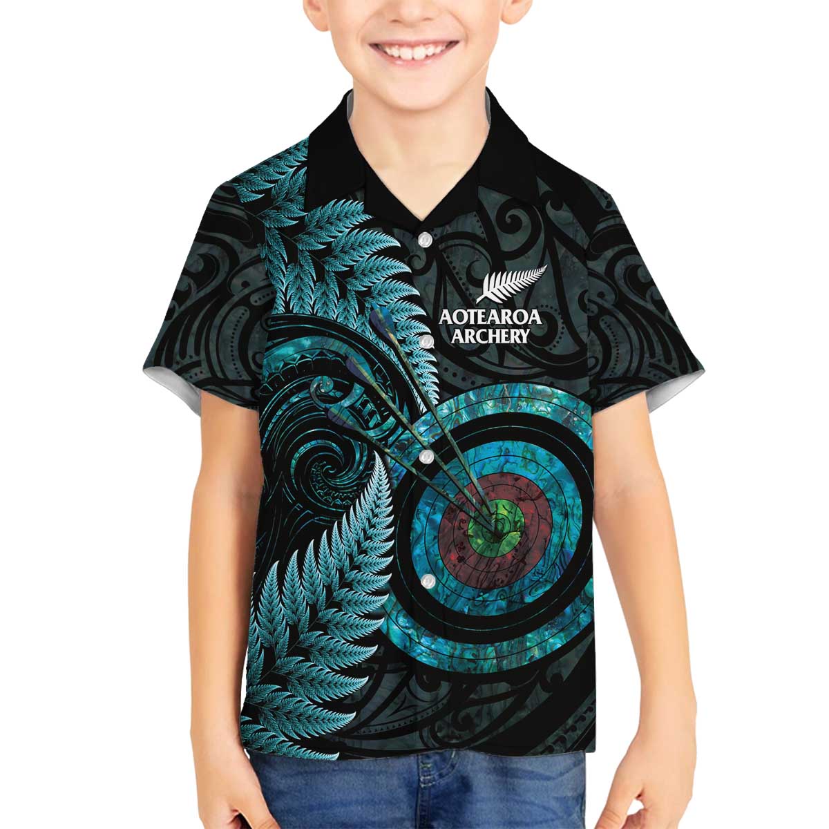 New Zealand Archery Family Matching Off The Shoulder Long Sleeve Dress and Hawaiian Shirt Aotearoa Silver Fern Maori - Polynesian Pride